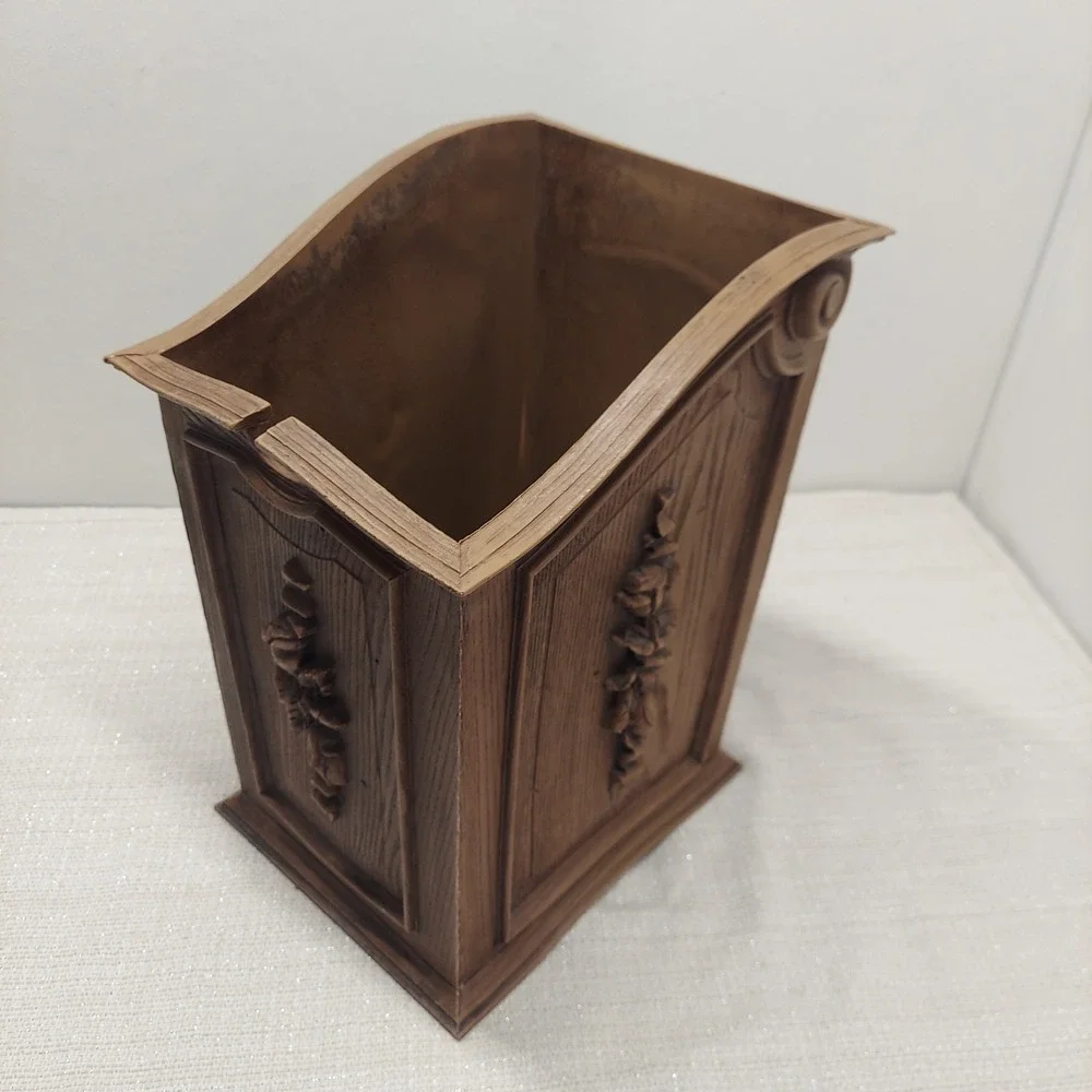 Vintage Faux Wood Wastebasket Ornate Floral Rose Trash Can 12